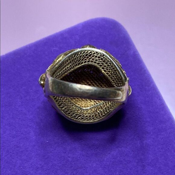 💛 Antique Chinese Sterling Silver Gilt Carnelian w/ Filigree Ring - Picture 2 of 8